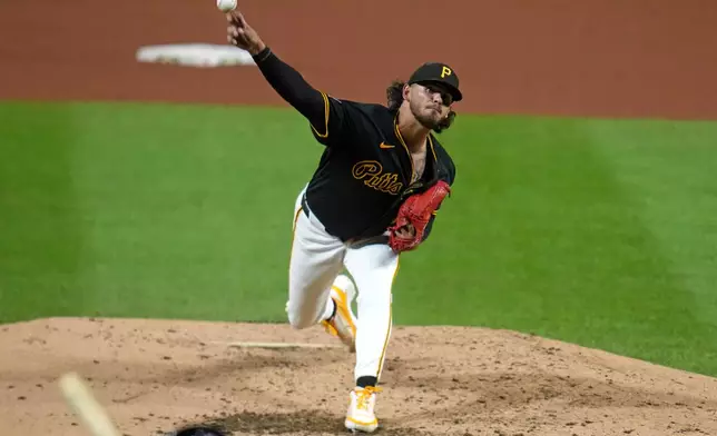 Pittsburgh Pirates pitcher Jared Jones delivers during the sixth inning of a baseball game against the St. Louis Cardinals in Pittsburgh, Tuesday, Sept. 22, 2026. (AP Photo/Gene J. Puskar)