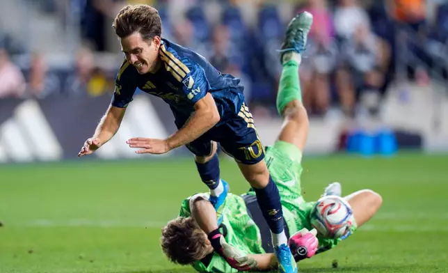 Philadelphia Union's Milan Iloski, top, is tripped after CF Montreal's Sebastian Breza, bottom, made a save during the second half of an MLS soccer match, Saturday, Sept. 5, 2026, in Chester, Pa. (AP Photo/Chris Szagola)