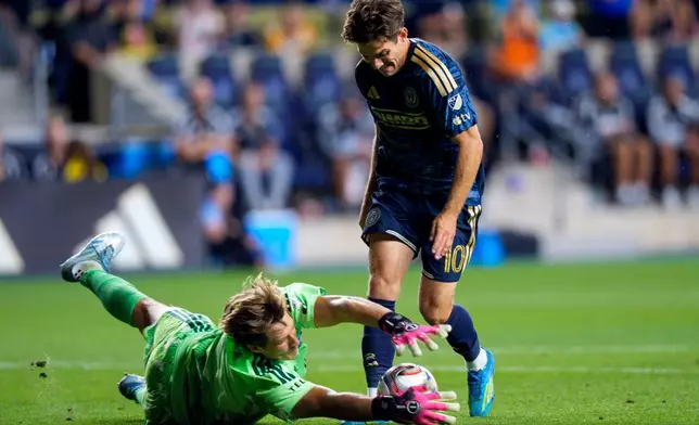 CF Montreal's Sebastian Breza, left, makes a save on a shot by Philadelphia Union's Milan Iloski (10) during the second half of an MLS soccer match, Saturday, Sept. 5, 2026, in Chester, Pa. (AP Photo/Chris Szagola)