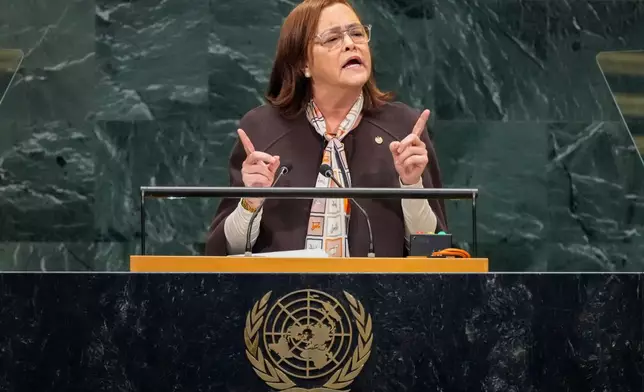 El Salvador's Minister of Foreign Affairs Alexandra Hill Tinoco addresses the 81st session of the United Nations General Assembly at United Nations headquarters, Monday, Sept. 28, 2026. (AP Photo/Yuki Iwamura)