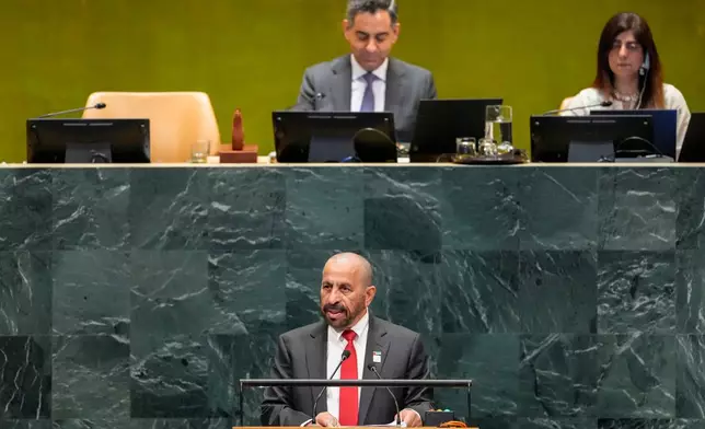 United Arab Emirates' Minister of Foreign Affairs Khalifa Shaheen Al Marar addresses the 81st session of the United Nations General Assembly at United Nations headquarters, Monday, Sept. 28, 2026. (AP Photo/Yuki Iwamura)