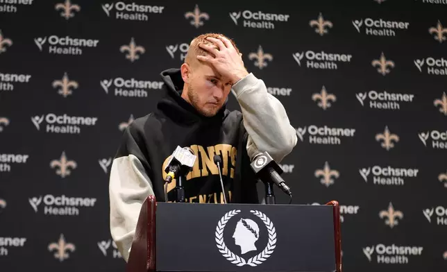 New Orleans Saints quarterback Tyler Shough responds to a question during a news conference after an NFL football game against the Las Vegas Raiders in New Orleans, Sunday, Sept. 27, 2026. (AP Photo/Gerald Herbert)