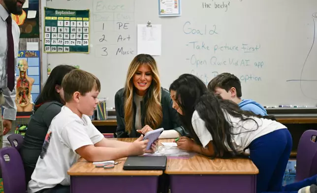 First Lady Melania Trump meets with students at Mountain View Elementary School in Jefferson, N.C., Tuesday, Sept. 15, 2026. (Kent Nishimura/Pool Photo via AP)