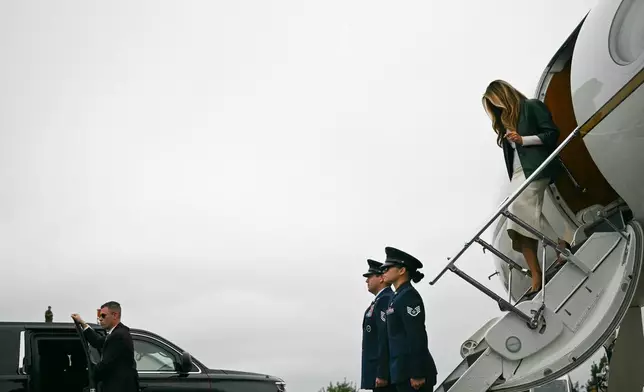 First Lady Melania Trump arrives at Ashe County Airport in Jefferson, N.C., on Tuesday, Sept. 15, 2026, on her way to visit Mountain View Elementary School. (Kent Nishimura/Pool Photo via AP)