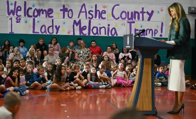 First Lady Melania Trump speaks to students at Mountain View Elementary School in Jefferson, N.C., Tuesday, Sept. 15, 2026. (Kent Nishimura/Pool Photo via AP)