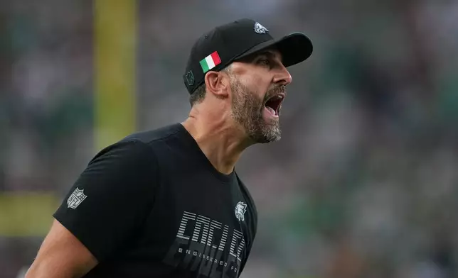 Philadelphia Eagles head coach Nick Sirianni calls from the sidelines during the second half of an NFL football game against the Washington Commanders, Sunday, Sept. 13, 2026, in Philadelphia. (AP Photo/Matt Rourke)