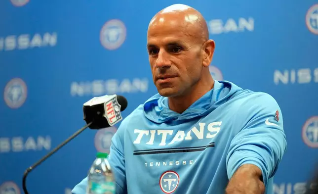 Tennessee Titans head coach Robert Saleh speaks to journalists following an NFL football game against the New York Jets, Sunday, Sept. 13, 2026, in Nashville, Tenn. (AP Photo/George Walker IV)
