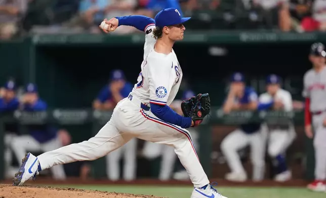 Texas Rangers pitcher Jacob Latz throws to the Boston Red Sox in the eighth inning of a baseball game Thursday, Sept. 17, 2026, in Arlington, Texas (AP Photo/Tony Gutierrez)