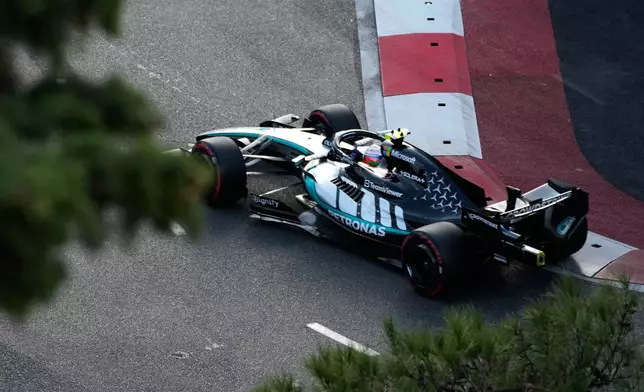 Mercedes driver Andrea Kimi Antonelli of Italy steers his car during the qualifying session for the Azerbaijan F1 Grand Prix, in Baku, Azerbaijan, Friday, Sept. 25, 2026. (AP Photo/Darko Bandic)