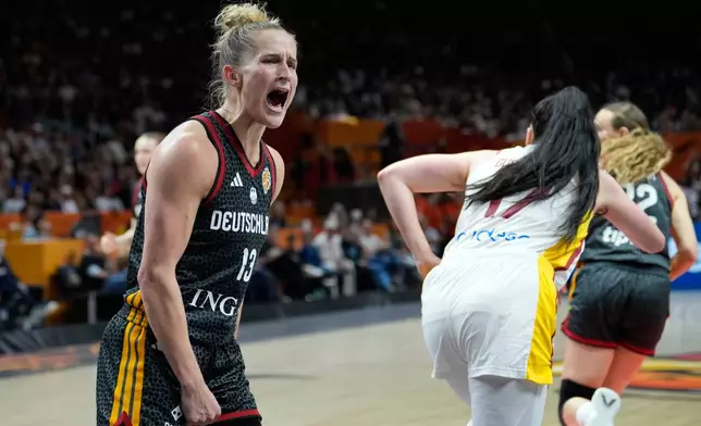 Germany's Leonie Fiebich reacts during the Women's Basketball World Cup the third-place match between the Germany and Spain in Berlin, Sunday, Sept. 13, 2026. (AP Photo/Ebrahim Noroozi)
