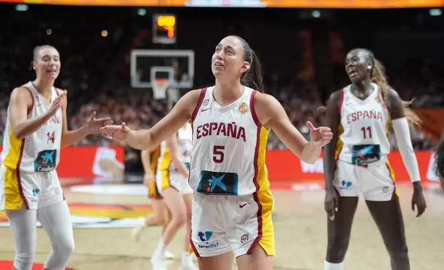Spain's Maite Cazorla reacts during the Women's Basketball World Cup the third-place match between the Germany and Spain in Berlin, Sunday, Sept. 13, 2026. (AP Photo/Ebrahim Noroozi)