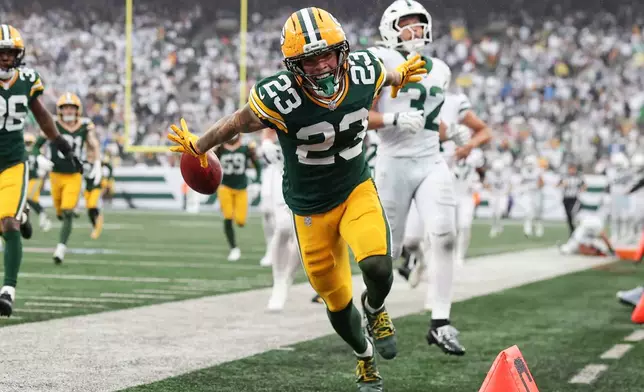 Green Bay Packers wide receiver Skyy Moore (23) reacts during an NFL football game against the New York Jets in East Rutherford, N.J., Sunday, Sept. 20, 2026. (AP Photo/Adam Hunger)