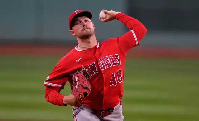 Los Angeles Angels starting pitcher Reid Detmers delivers during the first inning of a baseball game against the Boston Red Sox, Tuesday, Sept. 8, 2026, in Boston. (AP Photo/Charles Krupa)