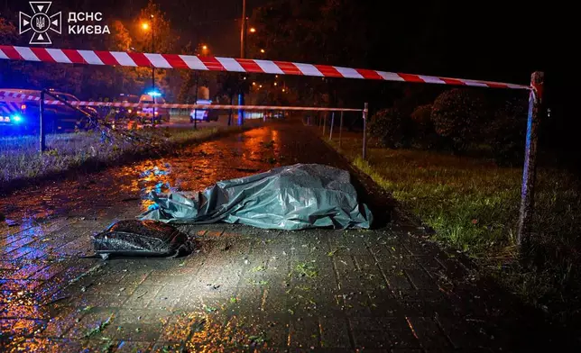 In this photo provided by the Ukrainian Emergency Services, a body lies on the street following a Russian strike on Kyiv, Ukraine, Thursday, Sept. 24, 2026. (Ukrainian Emergency Service via AP)