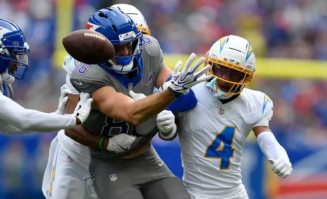 Buffalo Bills tight end Dalton Kincaid (86) fumbles as he is hit by Los Angeles Chargers cornerback Tarheeb Still (4) during the second half of an NFL football game, Sunday, Sept. 27, 2026, in Orchard Park, N.Y. (AP Photo/Adrian Kraus)