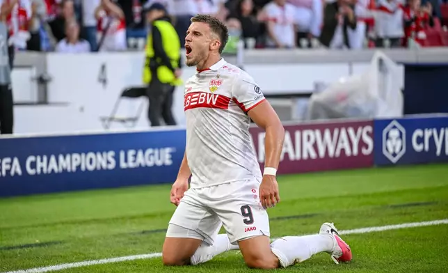 Stuttgart's Ermedin Demirovic celebrates after scoring his side's second goal during the Champions League opening phase soccer match between VfB Stuttgart and Viking FK in Stuttgart, Germany, Wednesday, Sept. 9, 2026. (Harry Langer/dpa via AP)