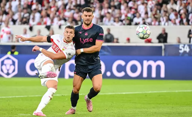 Stuttgart's Ermedin Demirovic, left, scores his side's third goal during the Champions League opening phase soccer match between VfB Stuttgart and Viking FK in Stuttgart, Germany, Wednesday, Sept. 9, 2026. (Harry Langer/dpa via AP)