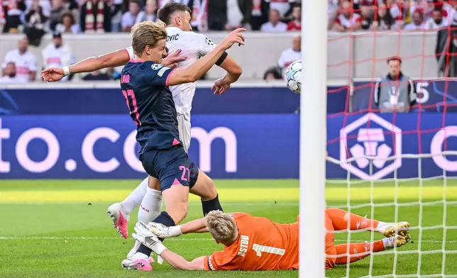 Stuttgart's Ermedin Demirovic, center, scores his side's first goal during the Champions League opening phase soccer match between VfB Stuttgart and Viking FK in Stuttgart, Germany, Wednesday, Sept. 9, 2026. (Harry Langer/dpa via AP)