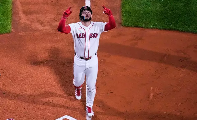 Boston Red Sox's Wilyer Abreu celebrates after his solo home run during the sixth inning of a baseball game against the Los Angeles Angels, Wednesday, Sept. 9, 2026, in Boston. (AP Photo/Charles Krupa)