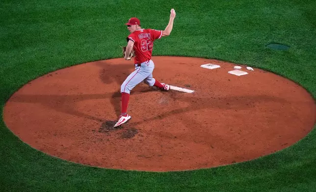Los Angeles Angels' Ryan Johnson delivers during the fifth inning of a baseball game against the Boston Red Sox, Wednesday, Sept. 9, 2026, in Boston. (AP Photo/Charles Krupa)