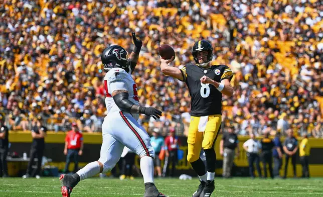 Pittsburgh Steelers quarterback Aaron Rodgers (8) looks to pass during an NFL football game against the Atlanta Falcons, Sunday, Sept. 13, 2026, in Pittsburgh. (AP Photo/Justin Berl)
