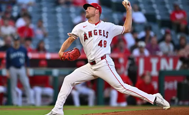 Los Angeles Angels pitcher Reid Detmers delivers during the first inning of a baseball game against the Seattle Mariners, Monday, Sept. 14, 2026, in Anaheim, Calif. (AP Photo/William Liang)