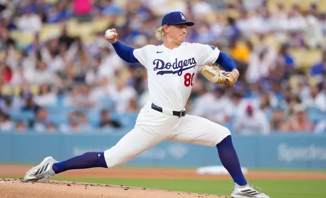 Los Angeles Dodgers starting pitcher Emmet Sheehan throws to the plate during the first inning of a baseball game against the Cincinnati Reds, Monday, Sept. 7, 2026, in Los Angeles. (AP Photo/Mark J. Terrill)