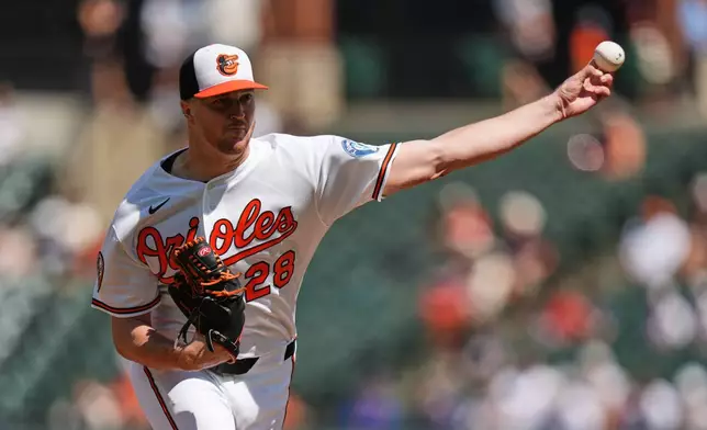 Baltimore Orioles starting pitcher Trevor Rogers (28) delivers during the first inning of a baseball game against the Cleveland Guardians, Monday, Sept. 7, 2026, in Baltimore. (AP Photo/Stephanie Scarbrough)