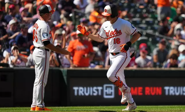 Baltimore Orioles' Coby Mayo (16) rounds the bases after hitting a home run during the third inning of a baseball game against the Cleveland Guardians, Monday, Sept. 7, 2026, in Baltimore. (AP Photo/Stephanie Scarbrough)