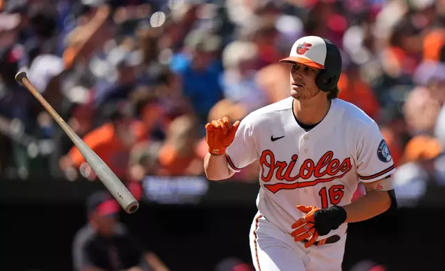 Baltimore Orioles' Coby Mayo (16) flips his bat after hitting a home run during the third inning of a baseball game against the Cleveland Guardians, Monday, Sept. 7, 2026, in Baltimore. (AP Photo/Stephanie Scarbrough)