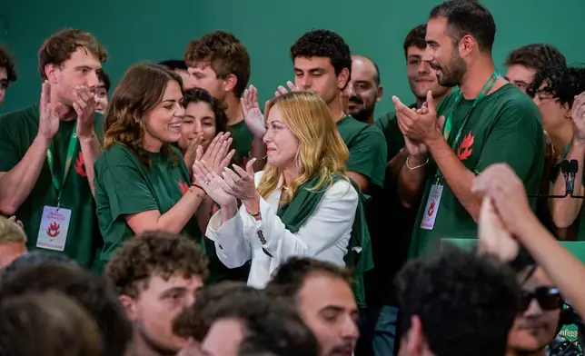 Italy's Prime Minister Giorgia Meloni attends at Fenix, the FdI youth festival, in Rome, Sunday, Sept. 20, 2026. (Valentina Stefanelli/LaPresse via AP)