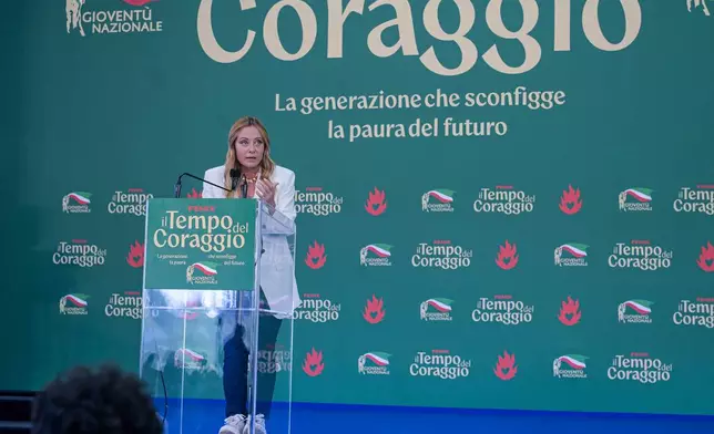 Italy's Prime Minister Giorgia Meloni attends at Fenix, the FdI youth festival, in Rome, Sunday, Sept. 20, 2026. (Valentina Stefanelli/LaPresse via AP)
