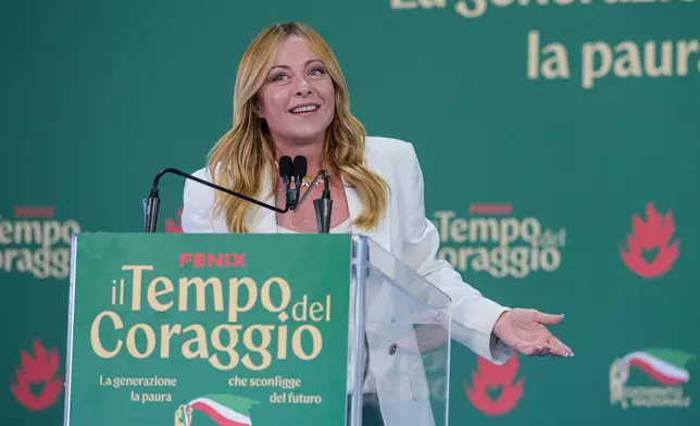 Italy's Prime Minister Giorgia Meloni attends at Fenix, the FdI youth festival, in Rome, Sunday, Sept. 20, 2026. (Valentina Stefanelli/LaPresse via AP)
