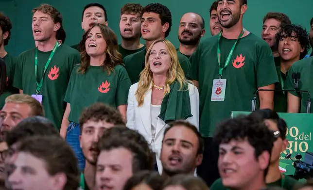 Italy's Prime Minister Giorgia Meloni attends at Fenix, the FdI youth festival, in Rome, Sunday, Sept. 20, 2026. (Valentina Stefanelli/LaPresse via AP)