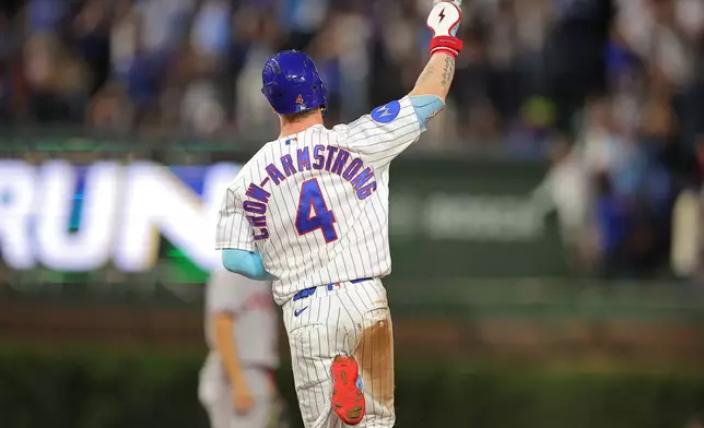 Chicago Cubs' Pete Crow-Armstrong celebrates his home run during the seventh inning of a baseball game against the Atlanta Braves, Wednesday, Sept. 16, 2026, in Chicago. (AP Photo/Melissa Tamez)