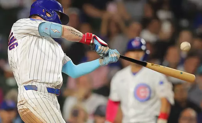Chicago Cubs' Pete Crow-Armstrong hits a home run during the third inning of a baseball game against the Atlanta Braves, Wednesday, Sept. 16, 2026, in Chicago. (AP Photo/Melissa Tamez)
