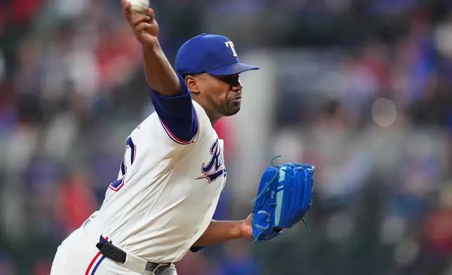 Texas Rangers starting pitcher Kumar Rocker throws to the New York Mets during the first inning of a baseball game Thursday, Sept. 24, 2026, in Arlington, Texas. (AP Photo/Julio Cortez)