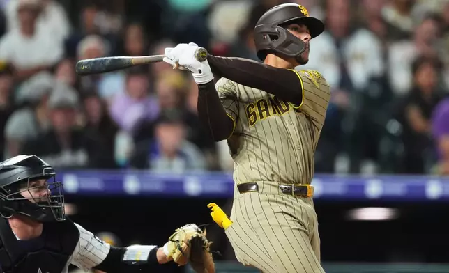 San Diego Padres catcher Ethan Salas watches his two-run home run off Colorado Rockies relief pitcher Nick Frasso in the fifth inning of a baseball game Wednesday, Sept. 16, 2026, in Denver. (AP Photo/David Zalubowski)