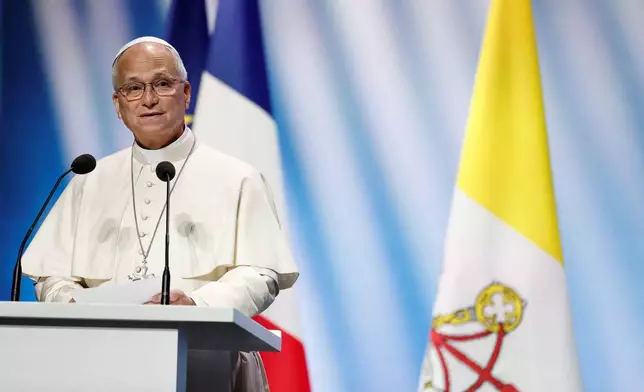 Pope Leo XIV speaks at the meeting "At the Roots of Europe for Peace and Unity", in Metz, France, Monday, Sept. 28, 2026. (Benoit Tessier/Pool Photo via AP)