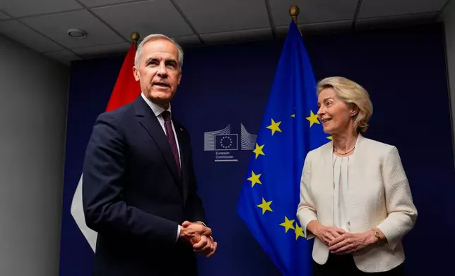 Canadian Prime Minister Mark Carney left, and European Commission President Ursula von der Leyen participate in a bilateral meetingat the European Parliament in Strasbourg, France, Wednesday, Sept. 16, 2026. (Justin Tang/The Canadian Press via AP)