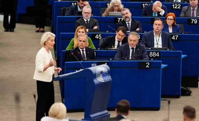 Canadian Prime Minister Mark Carney attends the State of the European Union address by President of the European Commission Ursula von der Leyen, left, at the European Parliament in Strasbourg, France, Wednesday, Sept. 16, 2026. (Justin Tang/The Canadian Press via AP)