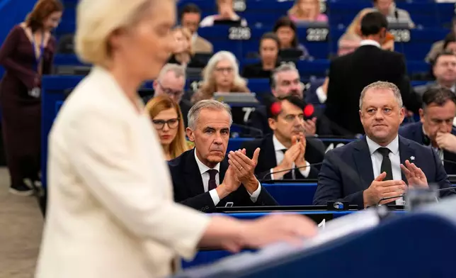 Canadian Prime Minister Mark Carney attends the State of the European Union address by President of the European Commission Ursula von der Leyen,at the European Parliament in Strasbourg, France, Wednesday, Sept. 16, 2026. (Justin Tang/The Canadian Press via AP)