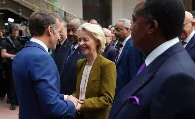 French president Emmanuel Macron, left, greets European Commission President Ursula von der Leyen at the International Space Summit at the Grand Palais in Paris, Thursday, Sept. 10, 2026. (AP Photo/Aurelien Morissard, Pool)
