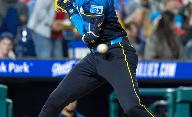 Philadelphia Phillies' Alec Bohm dodges an inside pitch during the sixth inning of a baseball game against the Tampa Bay Rays, Friday, Sept. 25, 2026, in Philadelphia. (AP Photo/Laurence Kesterson)