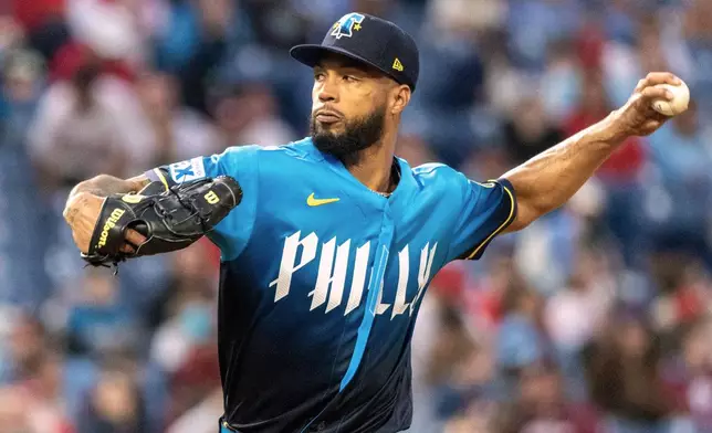 Philadelphia Phillies pitcher Cristopher Sánchez throws in the first inning of a baseball game against the Tampa Bay Rays, Friday, Sept. 25, 2026, in Philadelphia. (AP Photo/Laurence Kesterson)