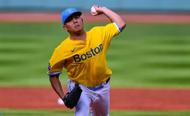 Boston Red Sox starting pitcher Ranger Suarez delivers during the first inning of a baseball game against the Kansas City Royals, Saturday, Sept. 12, 2026, in Boston. (AP Photo/Charles Krupa)
