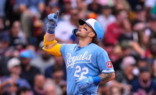 Kansas City Royals' Carter Jensen celebrates after his solo home run during the sixth inning of a baseball game against the Boston Red Sox in Boston, Saturday, Sept. 12, 2026. (AP Photo/Charles Krupa)