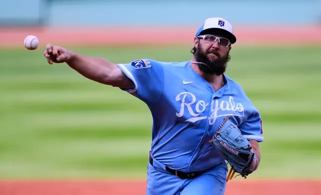 Kansas City Royals starting pitcher Randy Dobnak delivers during the first inning of a baseball game against the Boston Red Sox, Saturday, Sept. 12, 2026, in Boston. (AP Photo/Charles Krupa)
