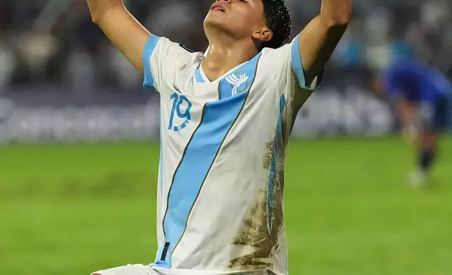 Guatemala's William Fajardo celebrates after scoring his side's fifth goal against El Salvador during a CONCACAF Nations League soccer match in Guatemala City, Monday, Sept. 28, 2026. (AP Photo/Moises Castillo)