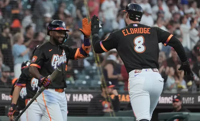 San Francisco Giants' Bryce Eldridge (8) is congratulated by Osleivis Basabe after hitting a home run during the first inning of a baseball game against the St. Louis Cardinals, Tuesday, Sept. 8, 2026, in San Francisco. (AP Photo/Jeff Chiu)